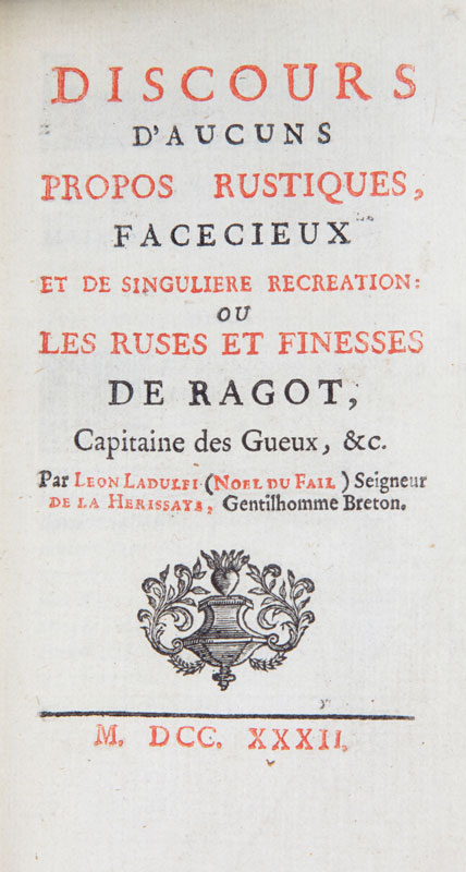 DU FAIL (Noël). 2 ouvrages en 3 vol. 1) Les Contes et discours d'Eutrapel. s.l. 1732. 2 vol. petit - Image 3 of 4