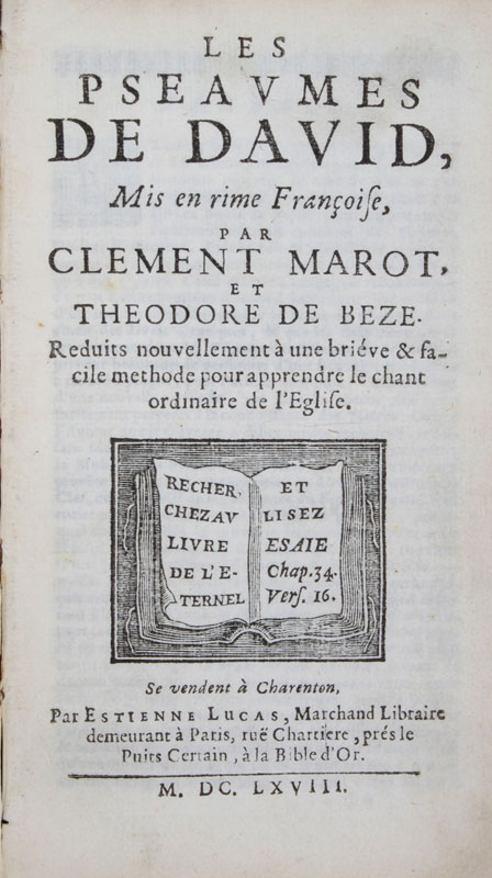 MAROT (Clément) et BEZE (Théodore de). Les pseaumes de David. Mis en rimes Françoise... Charenton - Image 2 of 2