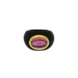 Bague en or 750 sertie d'onyx et tourmaline ...