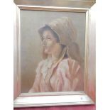 An oil on canvas - Head and shoulders of a lady, framed and a coloured print of a boy