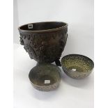 A Tibetan/Asian bronze planter on three animal head feet and tow Asian tinned copper bowls