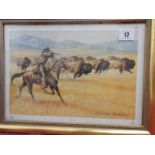 Ronald Embleton.  A watercolour illustration - Running Buffaloes, framed and glazed - 7 1/4in. x