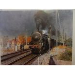 Terence Cuneo.  A coloured print entitled A Local Train Pulls Out, signed in pencil to the mount,