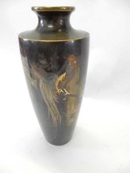 A Japanese bronze vase of baluster form decorated with a cockerel, signed - 8 1/2in. high