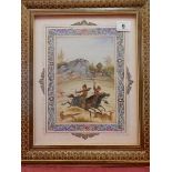 A Persian painting on ivory style card depicting hunters on horse back, in an ornate star