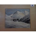 Percy French 1914.  A signed watercolour - Mountain scene with snow capped mountains and cabin,