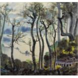 After Wu Guanzhong.  A signed Chinese watercolour - Mountain scene, framed and glazed - 26in. x 22