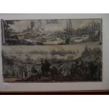 Zarapas.  A signed etching of Madrid and an old marine engraving, framed and glazed