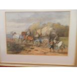 Two signed watercolours of horses before a cottage and horses and carts, framed and glazed