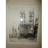Fred A Farrell.  A signed black and white etching - Westminster Abbey with Big Ben, framed and