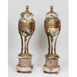 A pair of variegated marble casolettes, each raised on three gilded legs with paw feet, on