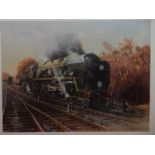 Terence Cuneo.  A coloured print depicting locomotive 35027, signed and dedicated to the mount,