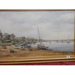 Denys Garle.  Oils on canvas - Harbour scene with moored boats and church, framed