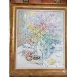 Mia. A signed oil on canvas - Still life of a vase of flowers, framed - 29in. x 24in.