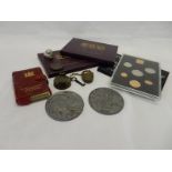 Three sets of Decimal Coinage of Great Britain and Northern Island, two Liberty medallions, padlock,