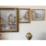 After Burnett. Three oils on canvas - Parisian street scenes, framed