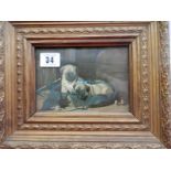 A coloured print of two pug dogs, gilt framed and glazed - 4in. x 6in. and one other after Scott