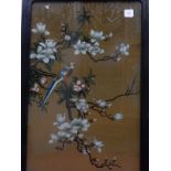 A Chinese picture of Quan Yin and one other of a bird on a flowering branch, on a gold background,