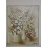 Stephan Kaye. A signed oils on canvas - Still life of flowers in beige, framed