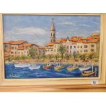 G. Luydlin. Oils on canvas - Continental harbour scene with boats, figures and houses, gilt framed