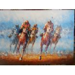 A signed oil on canvas - Race horses, unframed - 24in, x 36in.