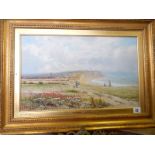 R.F McIntyre. Oils on canvas - Cromer Cliffs with figures in the foreground, gilt framed - 12in. x