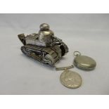 A French silver plated model of a First World War Renault tank, the hinged turret enclosing inkwell,