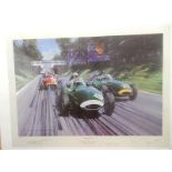 A coloured print after Nicholas Watts entitled British Racing Green depicting the Italian Grand Prix