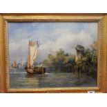 Alfred Stannard. A Victorian oil on canvas - French river scene with fishing boat and figures,
