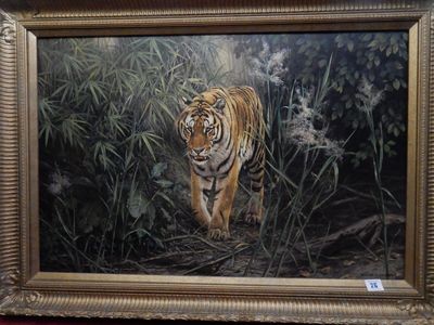 Willem De Beer. A signed oil on canvas depicting a Bengal tiger entitled 'On Patrol' framed - 19 1/