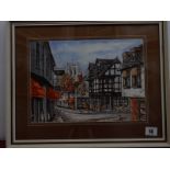 A watercolour - Church Street Christchurch, two coloured furnishing prints after Constable and a