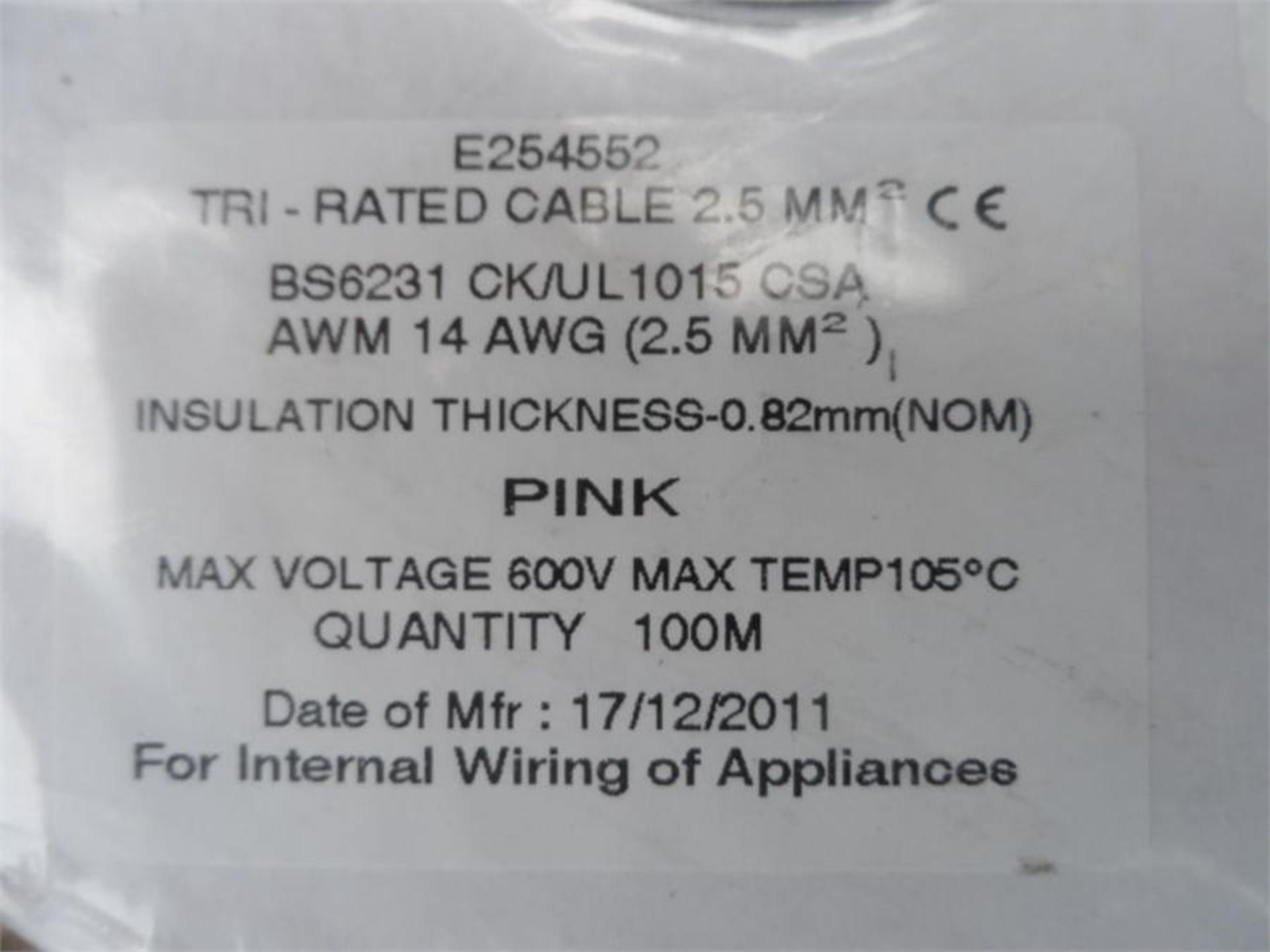 4 x Tri-rated Pink PVC Cable, 600V 2.5mm² - Image 2 of 2
