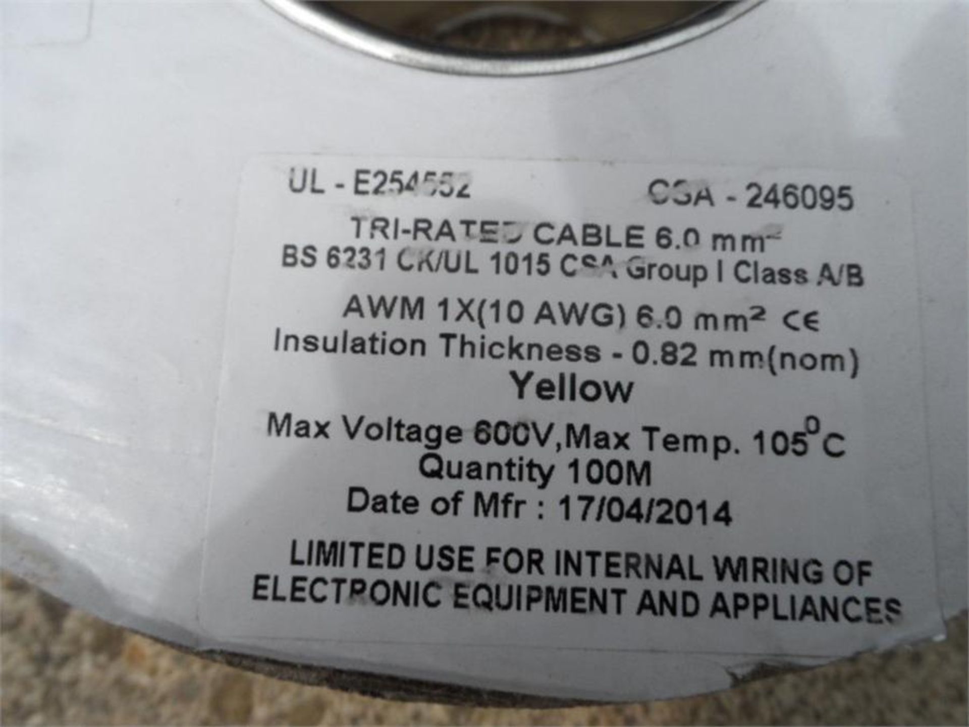 4 x Tri-rated Yellow PVC Cable, 600V 6mm² - Image 2 of 2