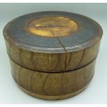A treen sewing box with volcanic mountain scene on lid, lid a/f,