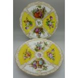 A pair of Dresden plates decorated with panels of figures and flowers within a yellow ground,