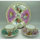 Two Dresden cabinet cups and saucers and a Dresden cabinet plate