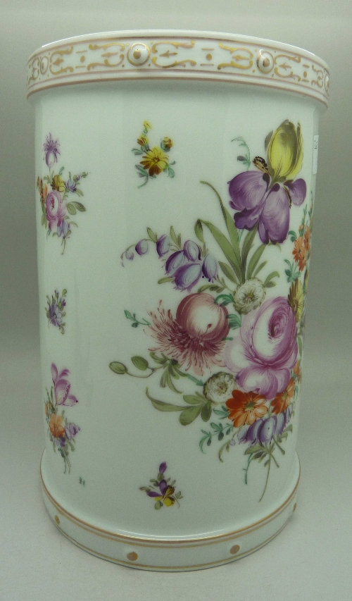 A Dresden cylindrical vase painted with honeysuckle and other summer flowers, - Image 3 of 5