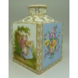 A Dresden tea caddy and cover decorated with panels of figures and flowers within gilded borders by