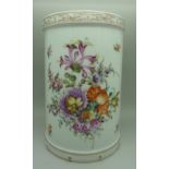 A Dresden cylindrical vase painted with honeysuckle and other summer flowers,