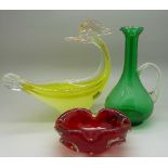 Two pieces of Murano glassware and an Italian glass jug