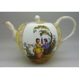 A German teapot and cover, the yellow ground decorated with flowers and figures, height 10.5cm,