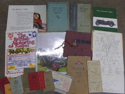 Motoring handbooks and ephemera including Morris 8, Studebaker, Rover 75, log book,