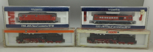 Two model Arnold N gauge model locomotives and two Tomix diesel locomotives, 2203 J.N.R.