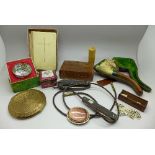 A pipe, cased, a/f, a Limoges trinket box, two pocket knives, miniature dominoes,