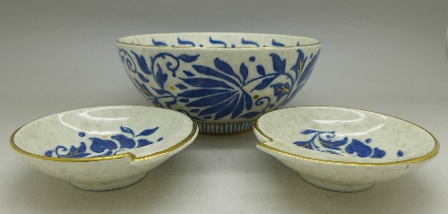 A Charlotte Rhead Bursley ware bowl, TL40 pattern and two similar dishes, diameter of bowl 14. - Image 2 of 4