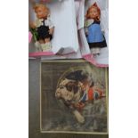 Two Hummel dolls and a print of an English bulldog