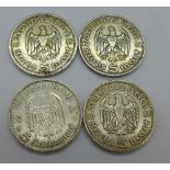 Four German funf mark coins 1934,