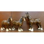 Three Beswick shire horses