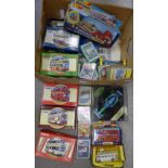 Die-cast vehicles and toys including a Matchbox Superkings Aircraft Transporter, Corgi Buses,