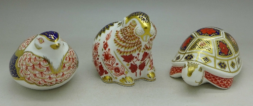 Three Royal Crown Derby paperweights, Beaver with gold stopper, Turtle with silver stopper,